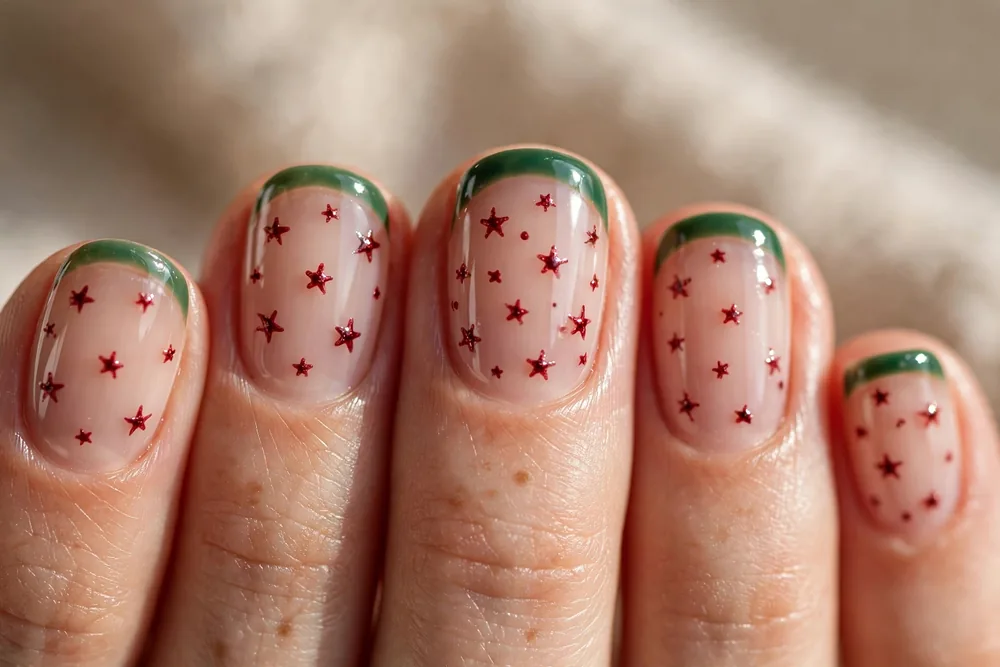 Short christmas nails with forest-green tips and berry-red stars