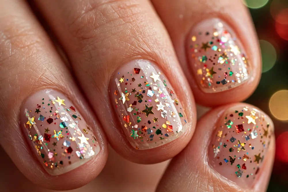 Short christmas nails with star confetti and metallic flecks