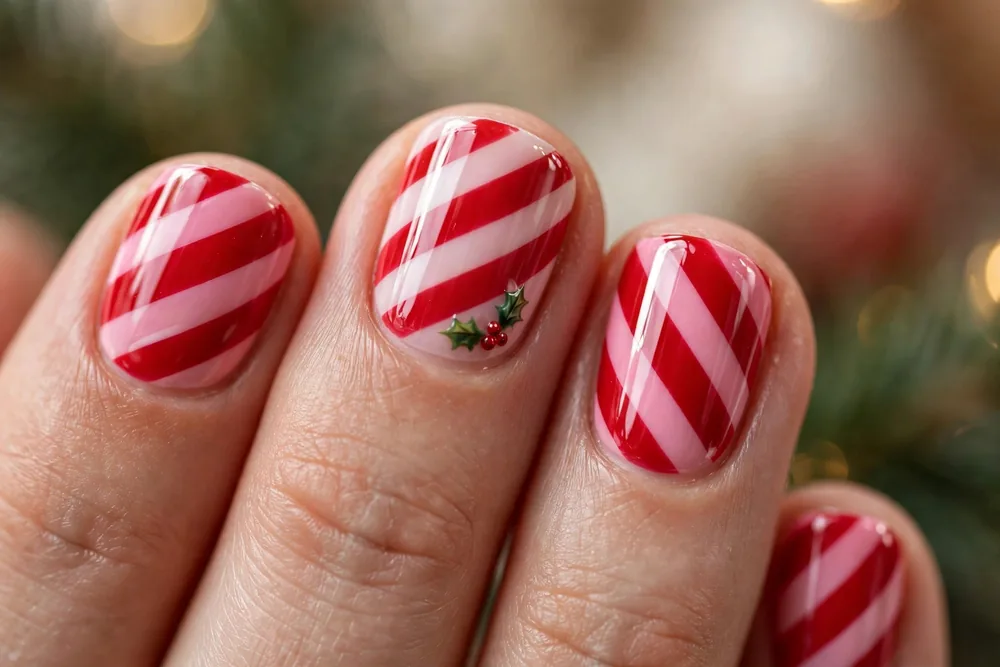 Short christmas nails with red and pink candy cane stripes