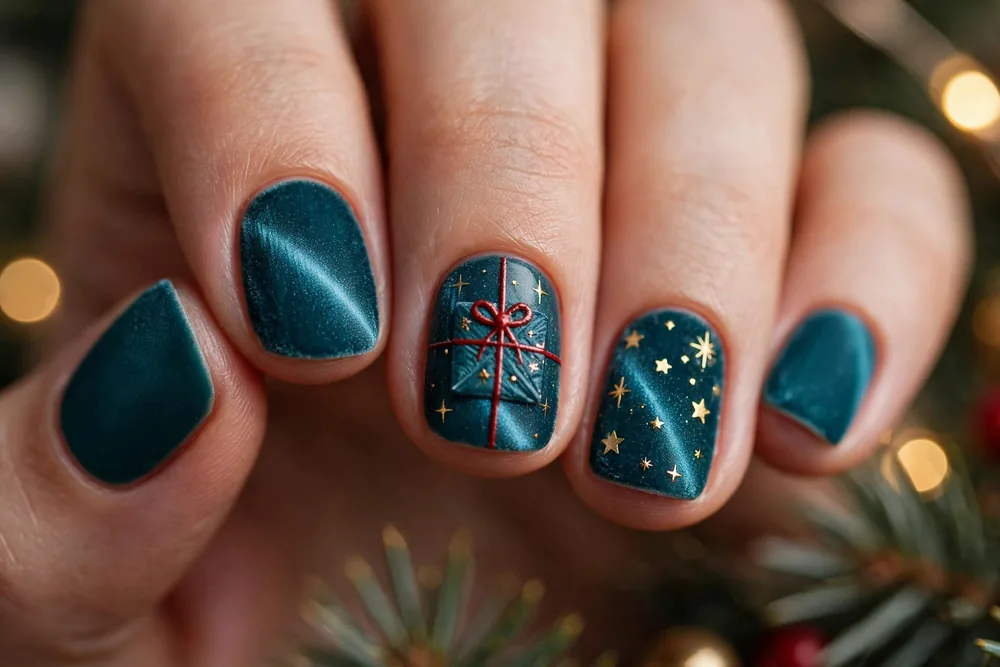 Short christmas nails with teal cat-eye velvet polish and star accents