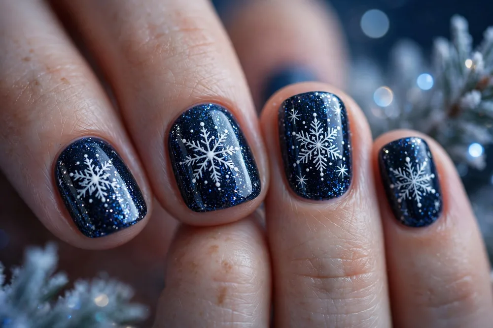 Short christmas nails with midnight blue glitter and snowflake details