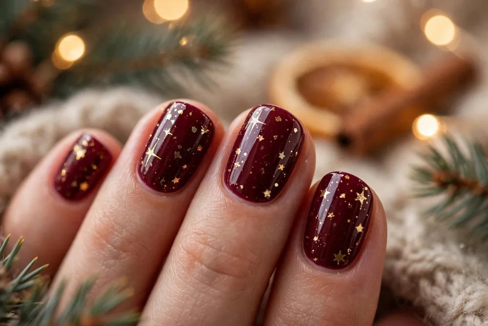 Short christmas nails with mulled wine burgundy polish and gold stars