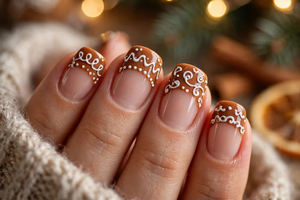 Short christmas nails with gingerbread brown tips and white icing details