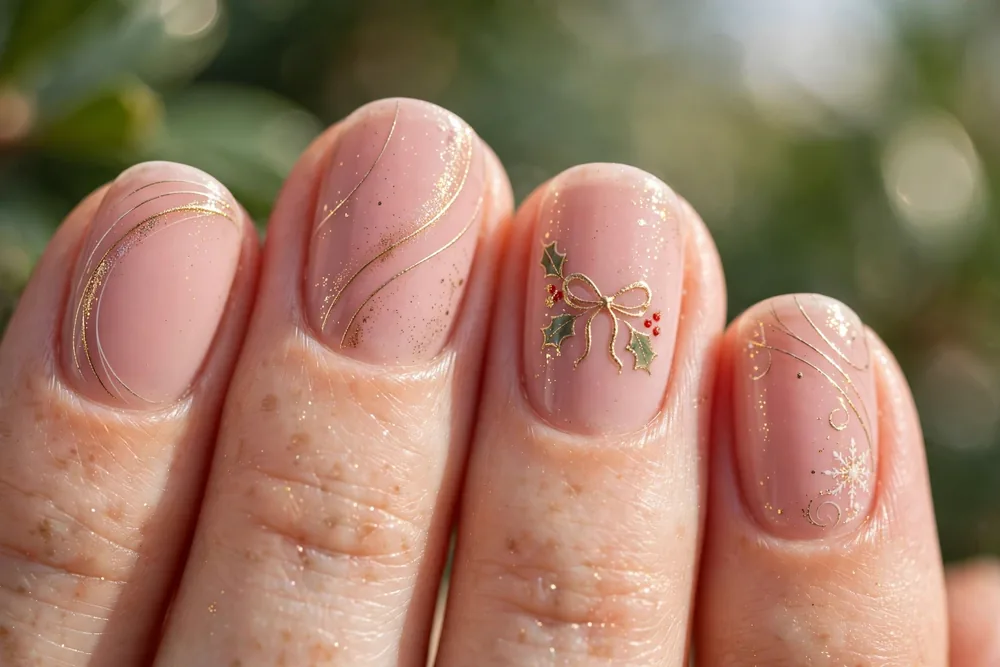 Short christmas nails with dainty bow and gold chrome nail art