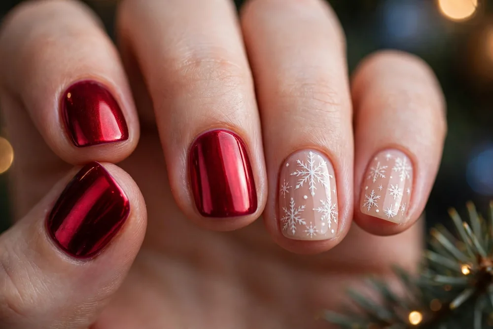 Short christmas nails with cranberry red chrome and hand-painted snowflakes