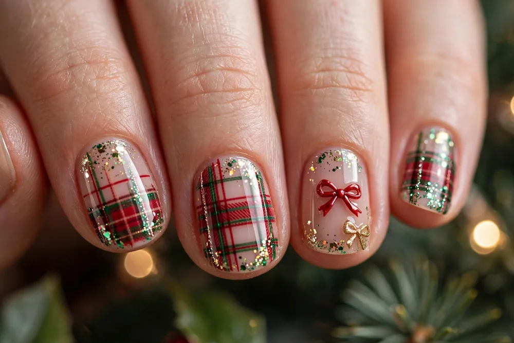 Short christmas nails with red and green plaid nail art