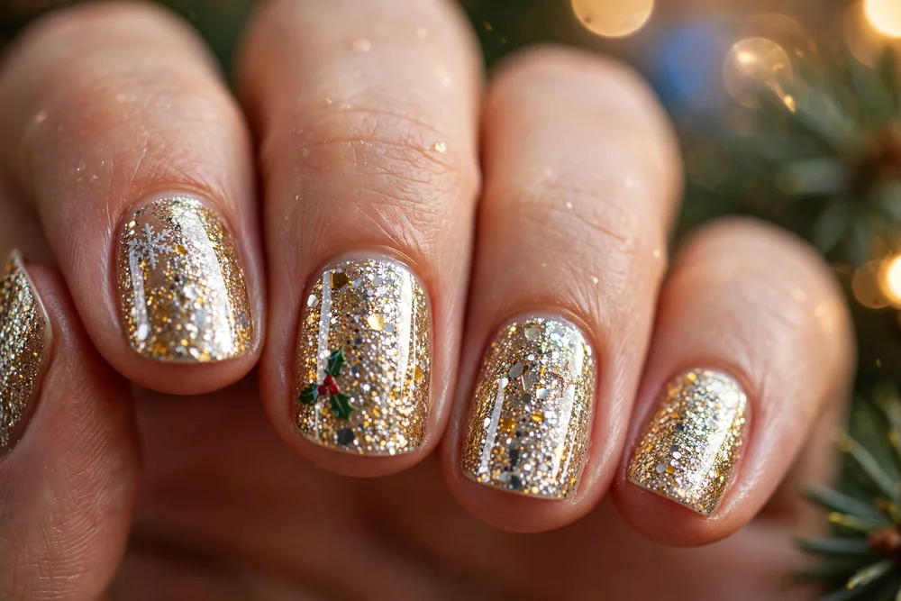 Short christmas nails covered in gold and silver glitter polish
