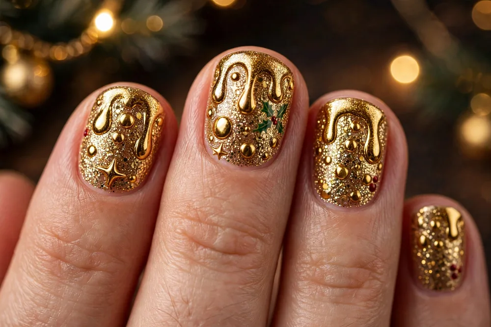 Short christmas nails with molten gold dots on glittery gold base