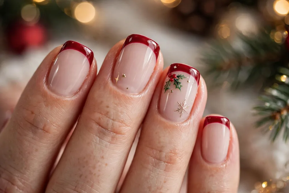 Short christmas nails with cranberry red french tips on milky nude base