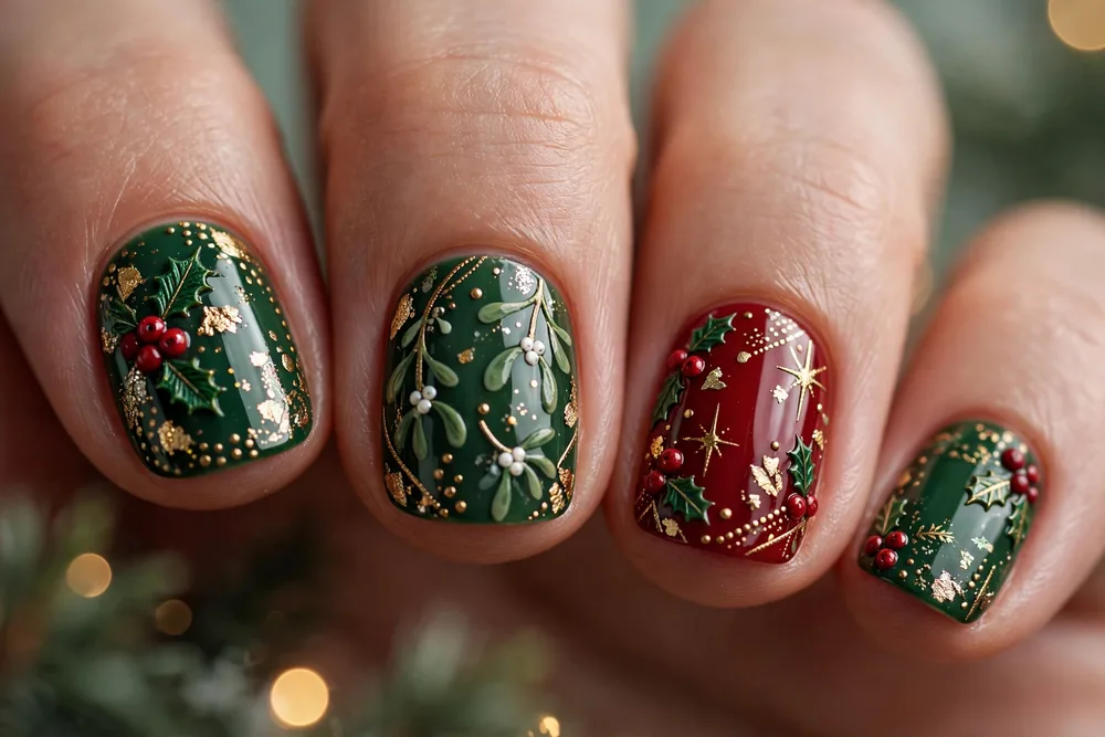 Short christmas nails with holly and mistletoe nail art