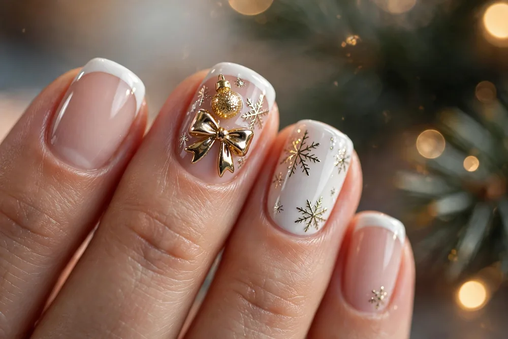 Short christmas nails with glitter bauble and chrome gold bow accent