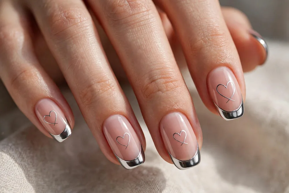 Nude pink nails with metallic heart outline valentine nails