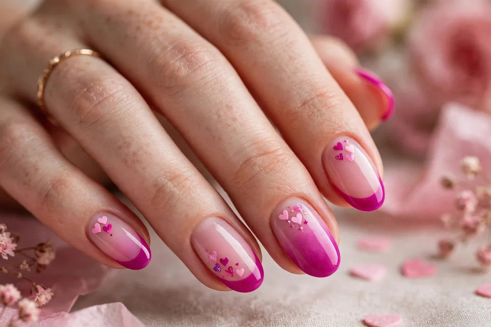 Magenta French tip valentine nails with hearts