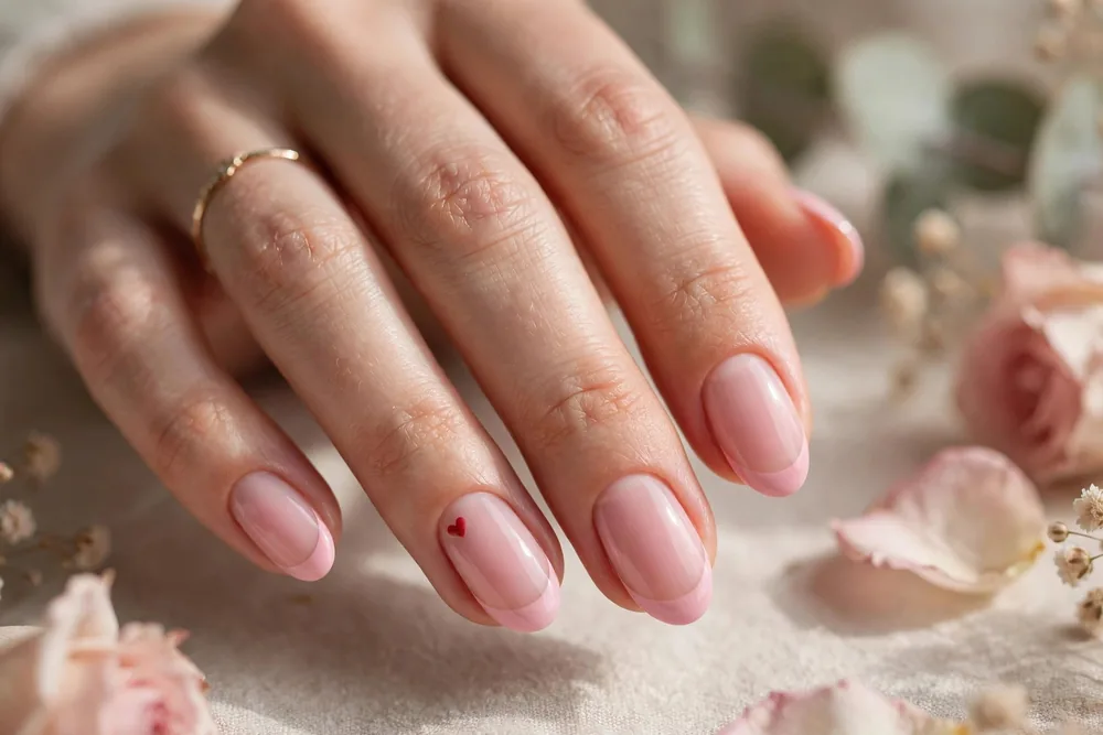 Pink French tip valentine nails with tiny red heart