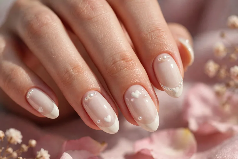 Pearl embellished French valentine nails