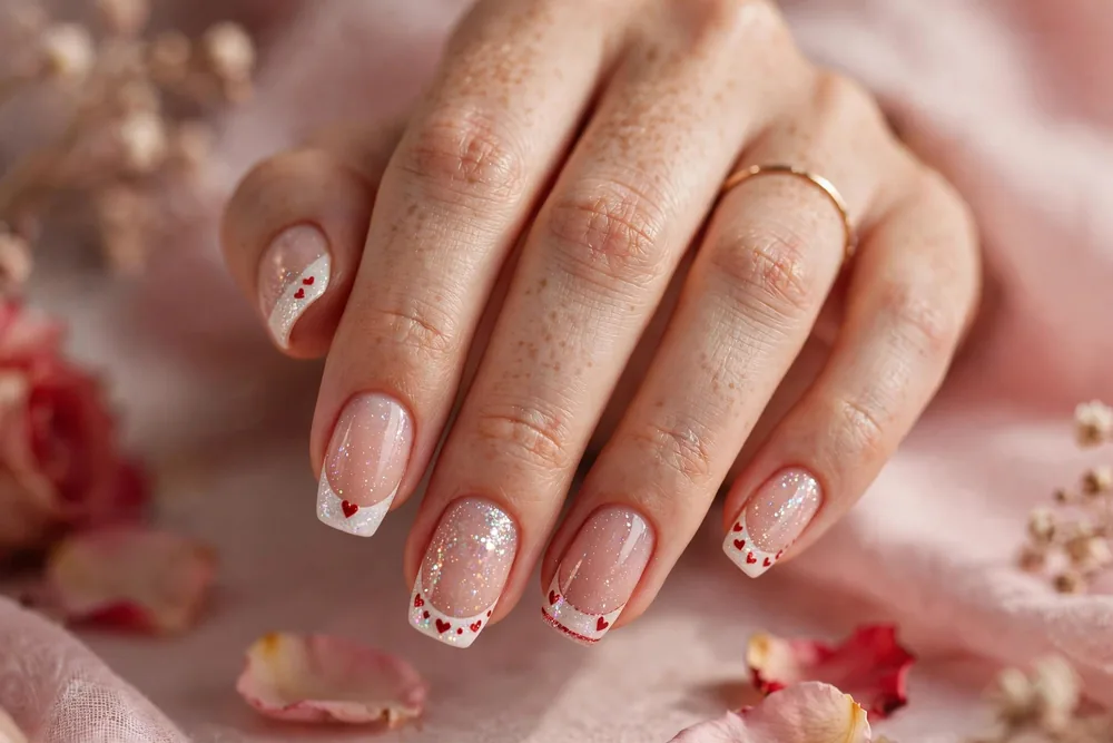 Decorated French tip valentine nails