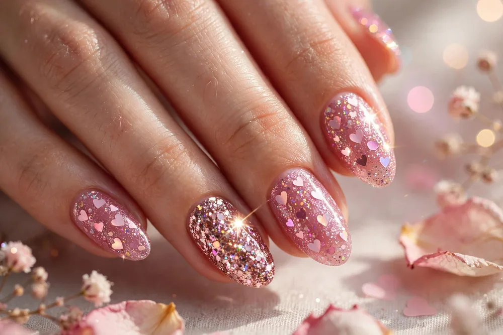 Glittery pink valentine nails manicure