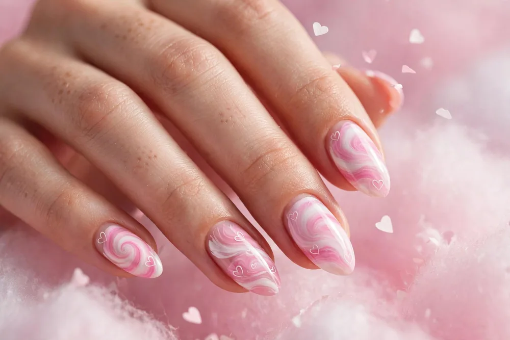 Pink and white swirl heart valentine nails