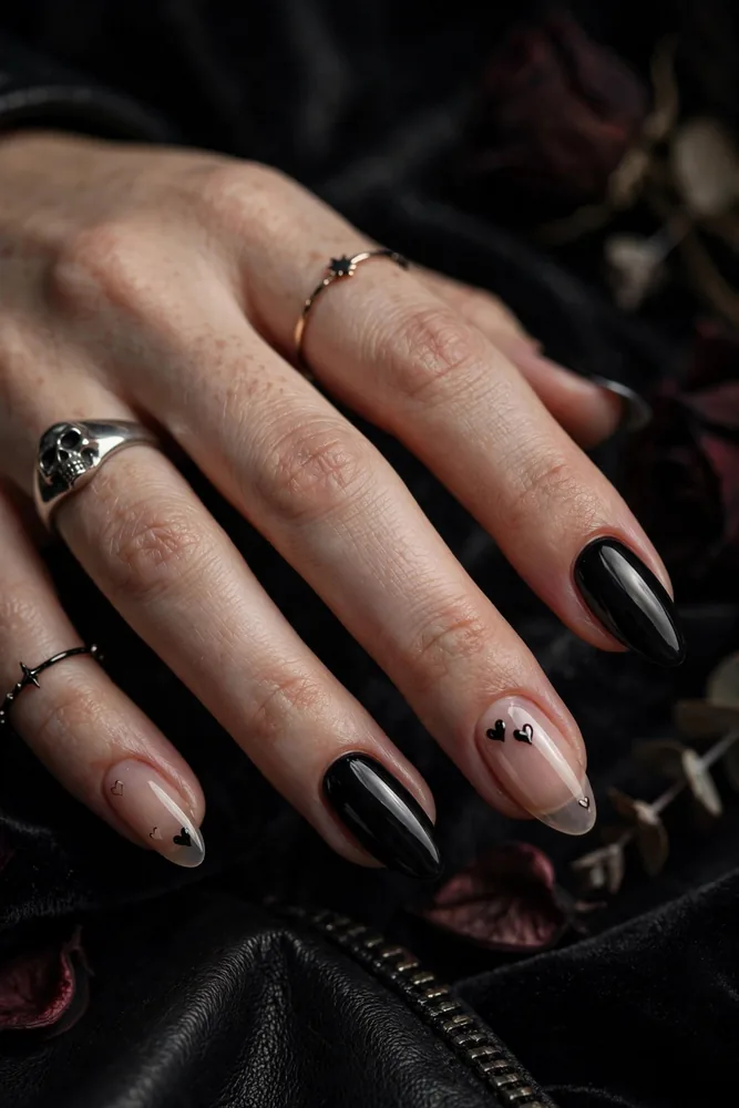 Dark moody romantic valentine nails with hearts