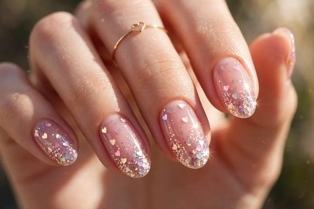 Sheer pink nails with heart glitter for valentine nails