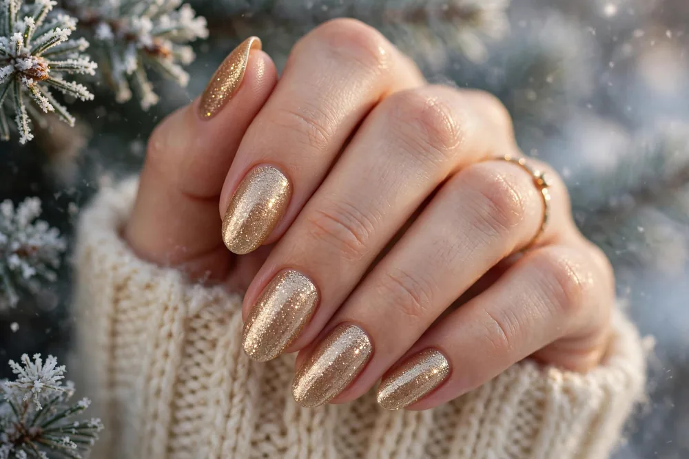 Glittery champagne winter nails