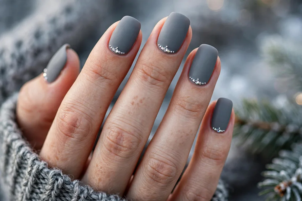 Matte grey winter nails with rhinestone accents