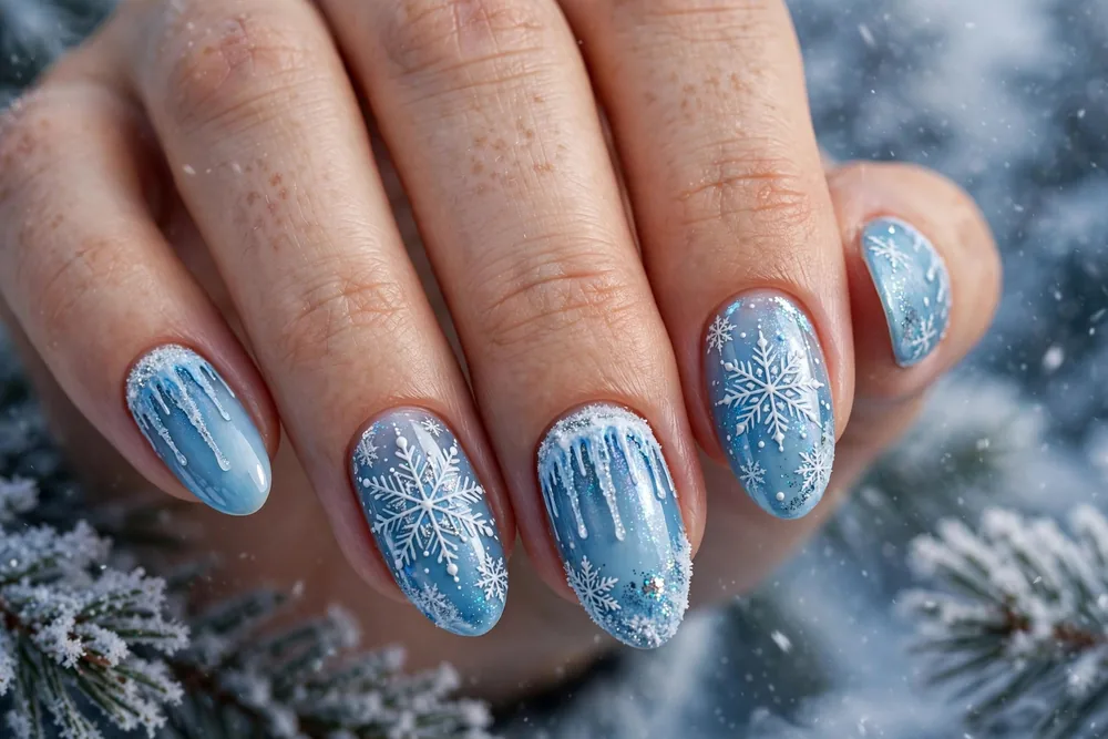 Winter wonderland nails with icicles and snowflakes