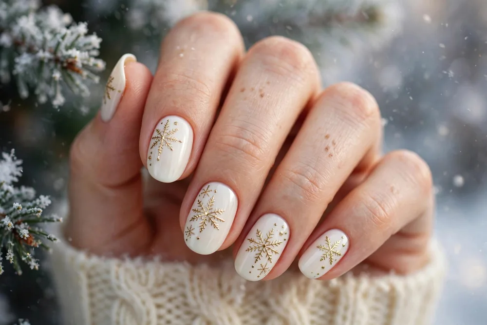 Ivory nails with gold snowflake nail art