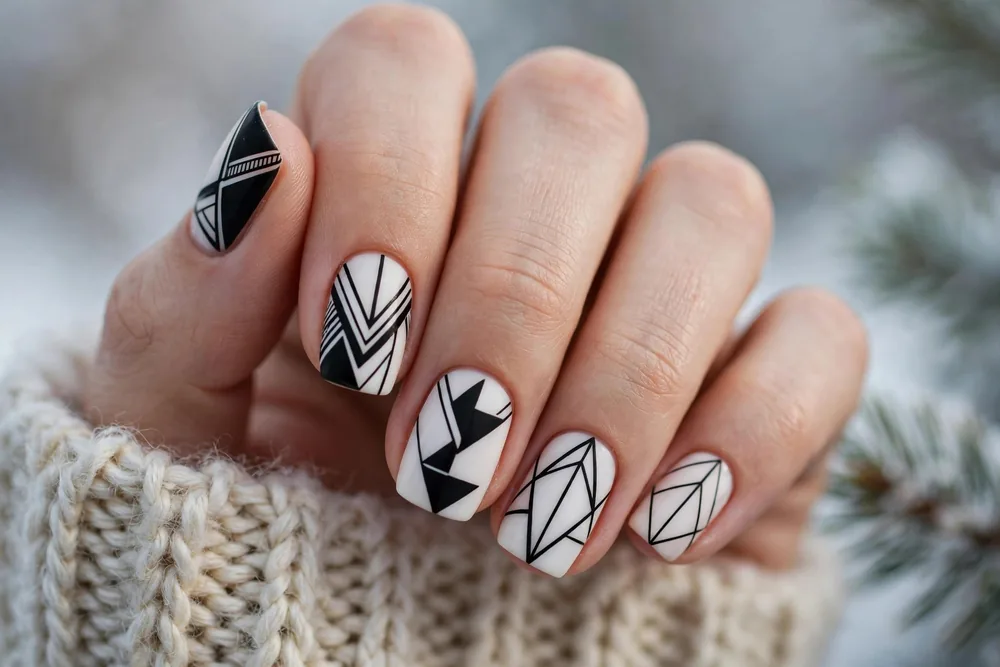 Black and white geometric winter nail design