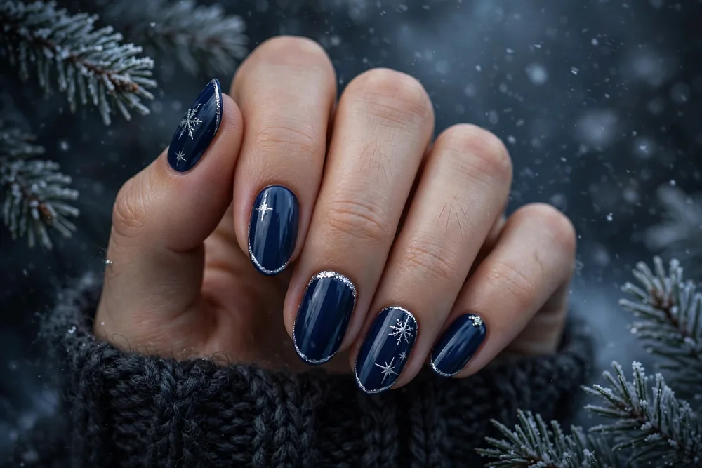 Navy blue winter nails with silver accents