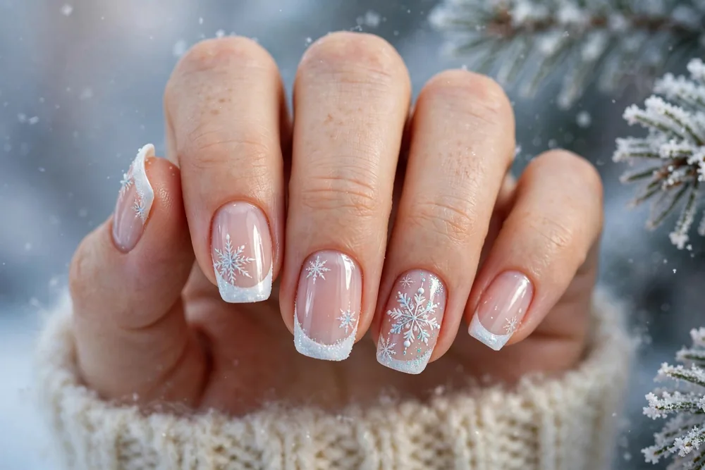 Winter French tip nails with snowflakes