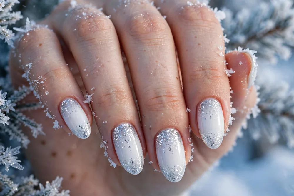 White nails with silver glitter tips