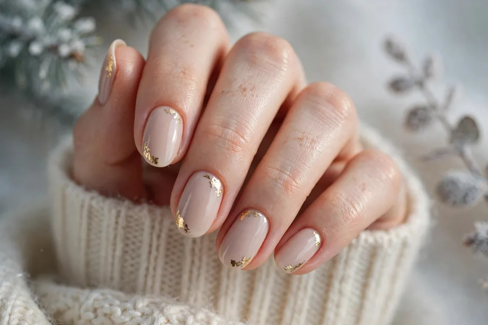 Nude winter nails with gold foil accents