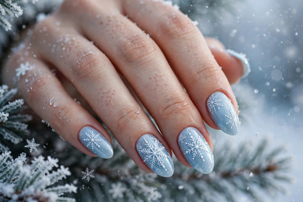 Icy blue winter nails with snowflake nail art