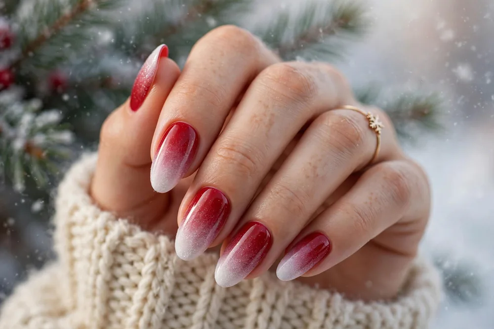 Red and white ombre winter nails
